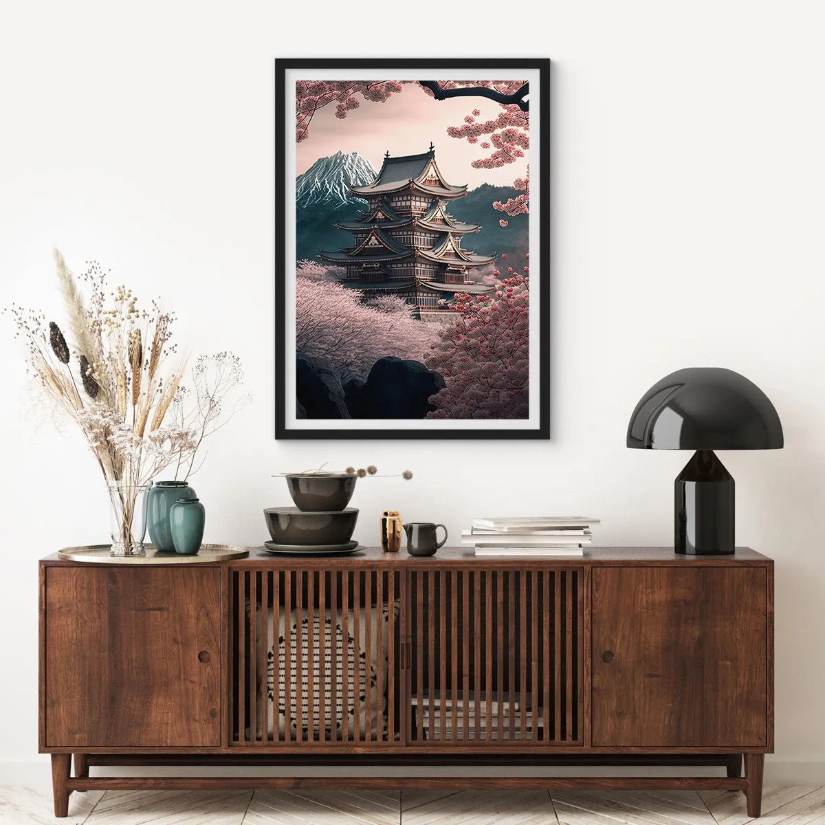 Plakát v černém rámu - Japonská pagoda mezi květy třešní - 50x70cm - Země kvetoucích třešní - Moderní nástěnná dekorace do obývacího pokoje a ložnice ARTTOR