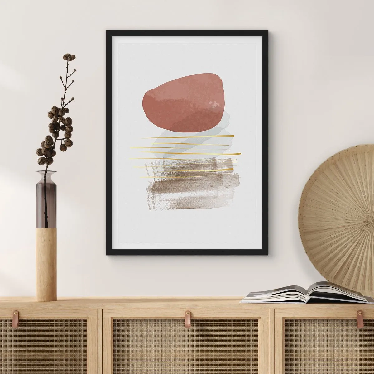 Plakát v černém rámu - Minimalistická abstrakce s geometrickými tvary a zlatými liniemi - 50x70cm - Abstraktní kolonáda - Moderní nástěnná dekorace do obývacího pokoje a ložnice ARTTOR