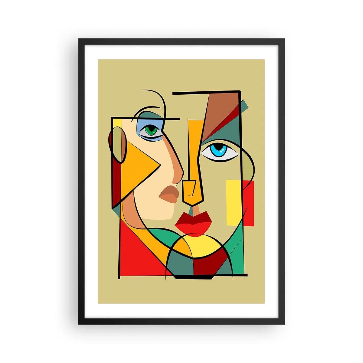 Plakát v černém rámu - Kubistický portrét v intenzivních barvách - 50x70cm - Shodný pár - Moderní nástěnná dekorace do obývacího pokoje a ložnice ARTTOR