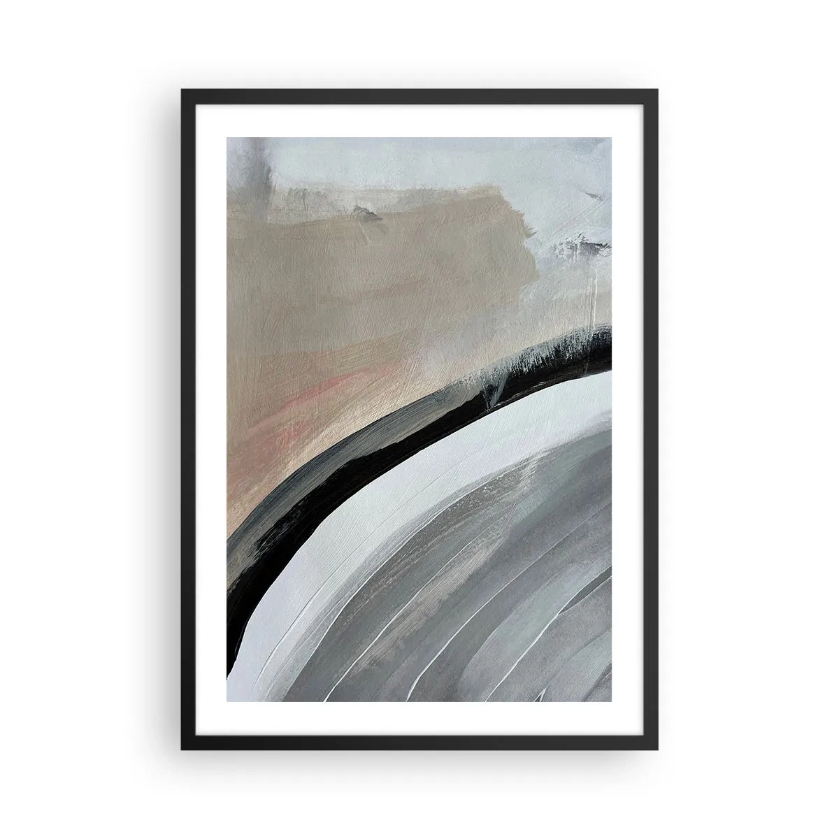 Plakát v černém rámu - Abstraktní kompozice s liniemi v odstínech šedé a béžové. - 50x70cm - Kompozice: černý a šedý oblouk - Moderní nástěnná dekorace do obývacího pokoje a ložnice ARTTOR