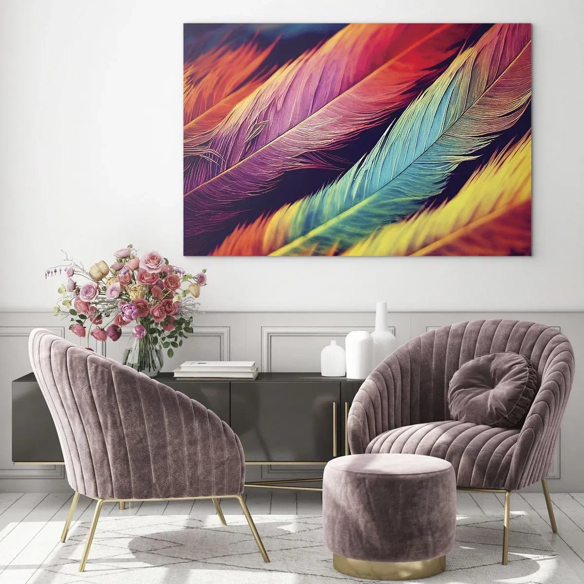 Obraz na skle - Barevné peří v intenzivních duhových odstínech - 70x50cm - Opeřená duha - Moderní nástěnná dekorace do obývacího pokoje a ložnice ARTTOR