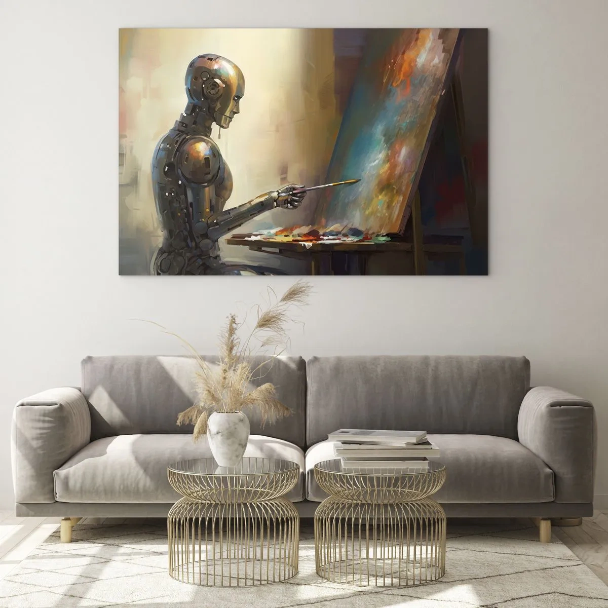 Obraz na skle - Robot malující obraz u stojanu - 70x50cm - Umění budoucnosti - Moderní nástěnná dekorace do obývacího pokoje a ložnice ARTTOR