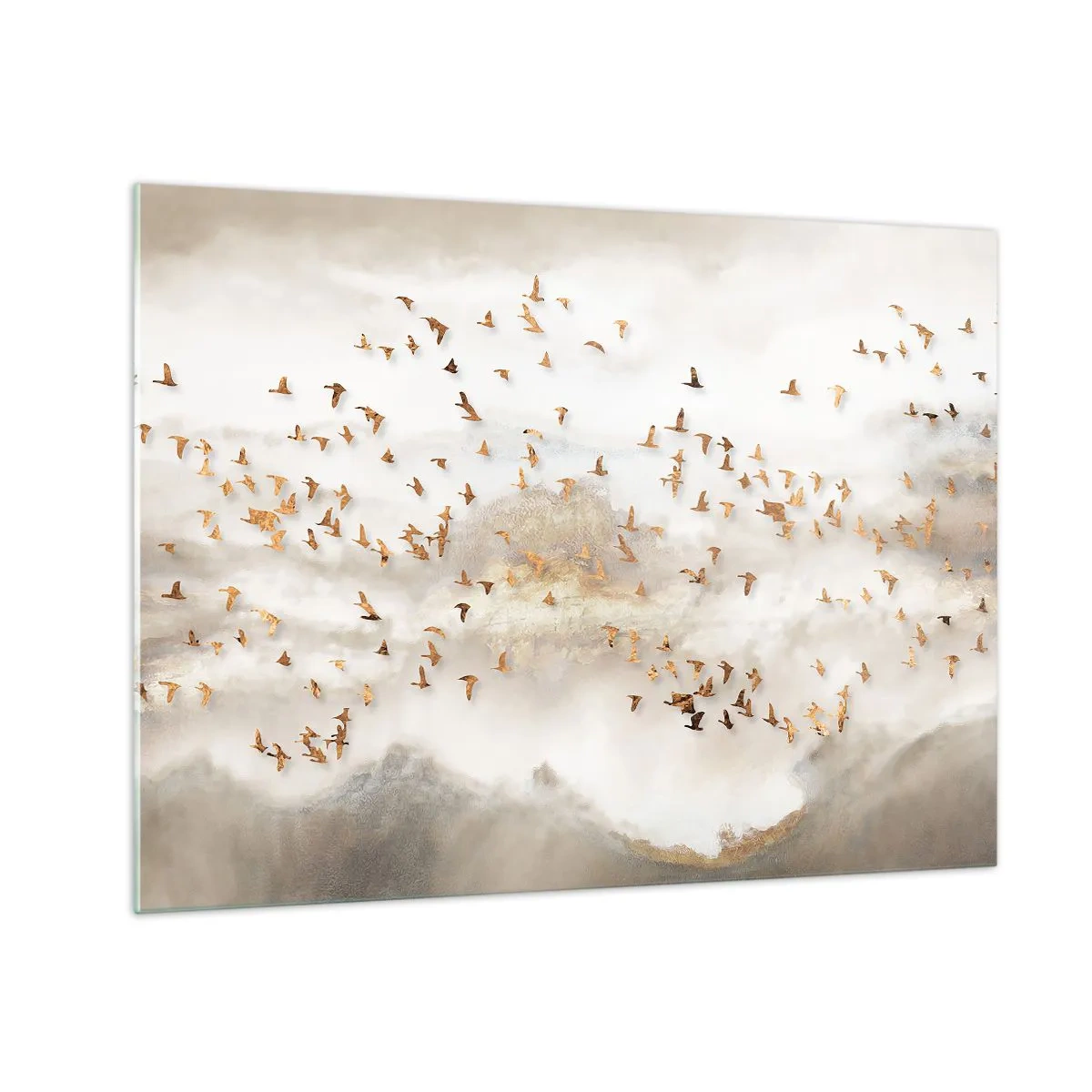 Obraz na skle - Hejno ptáků letících nad mlhavou krajinou - 70x50cm - Je čas… - Moderní nástěnná dekorace do obývacího pokoje a ložnice ARTTOR