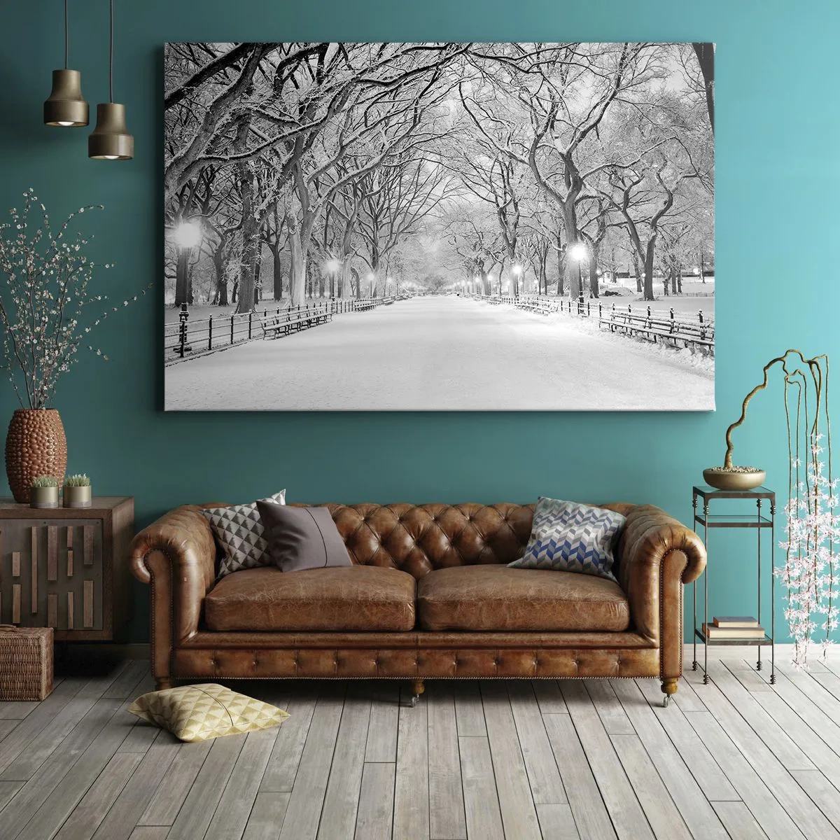 Obraz na plátně - Zimní alej se zasněženými stromy v černobílém provedení - 70x50cm - Čtyři roční období – zima - Moderní nástěnná dekorace do obývacího pokoje a ložnice ARTTOR