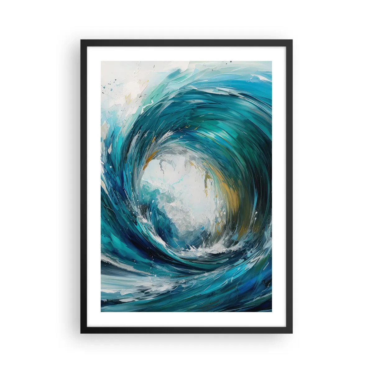 Plakát v černém rámu - Abstraktní vlna v odstínech tyrkysové, modré a bílé - 50x70cm - Mořský portál - Moderní nástěnná dekorace do obývacího pokoje a ložnice ARTTOR