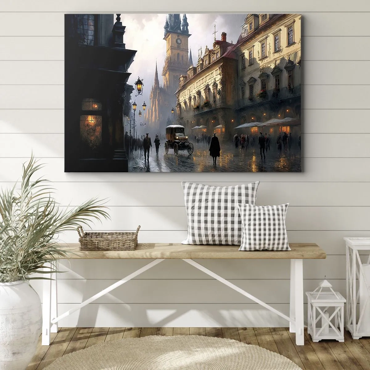 Obraz na plátně - Večerní pouliční scéna s historickou architekturou - 70x50cm - Kouzlo pražského večera - Moderní nástěnná dekorace do obývacího pokoje a ložnice ARTTOR