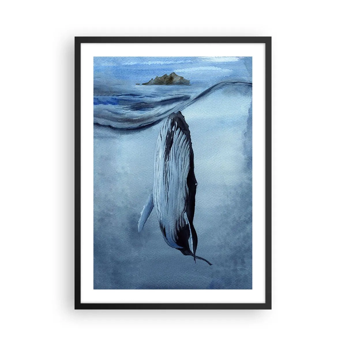 Plakát v černém rámu - Velryba pod hladinou oceánu - 50x70cm - Dva světy severu - Moderní nástěnná dekorace do obývacího pokoje a ložnice ARTTOR