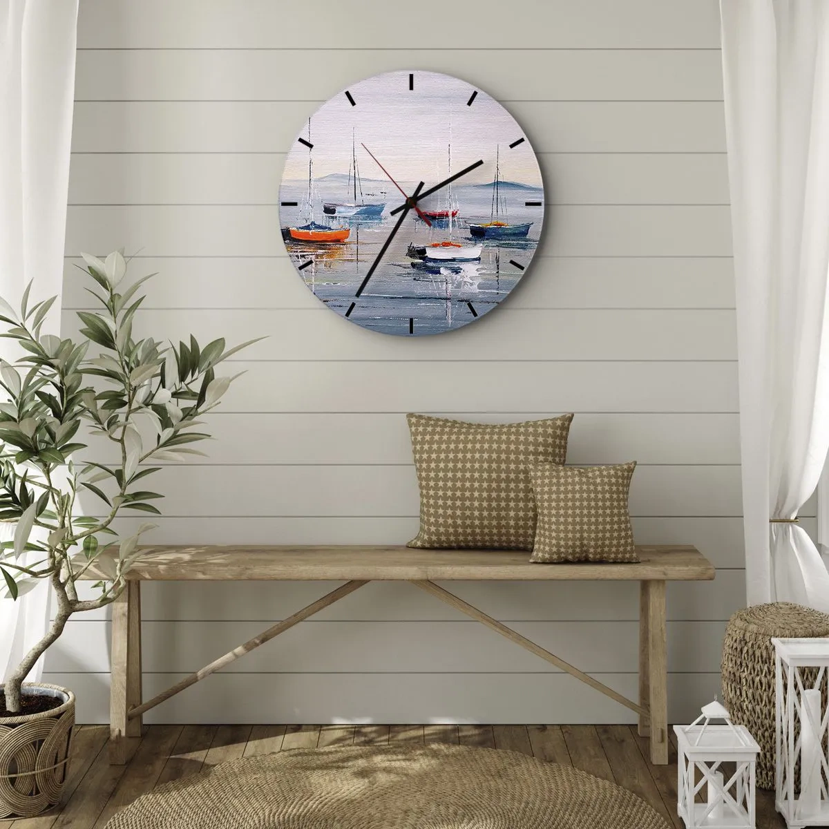 Nástěnné hodiny - Barevné lodě kotvící pokojně na vodní hladině - 30x30cm - Zasloužený odpočinek - Moderní nástěnná dekorace do obývacího pokoje, kuchyně a ložnice ARTTOR
