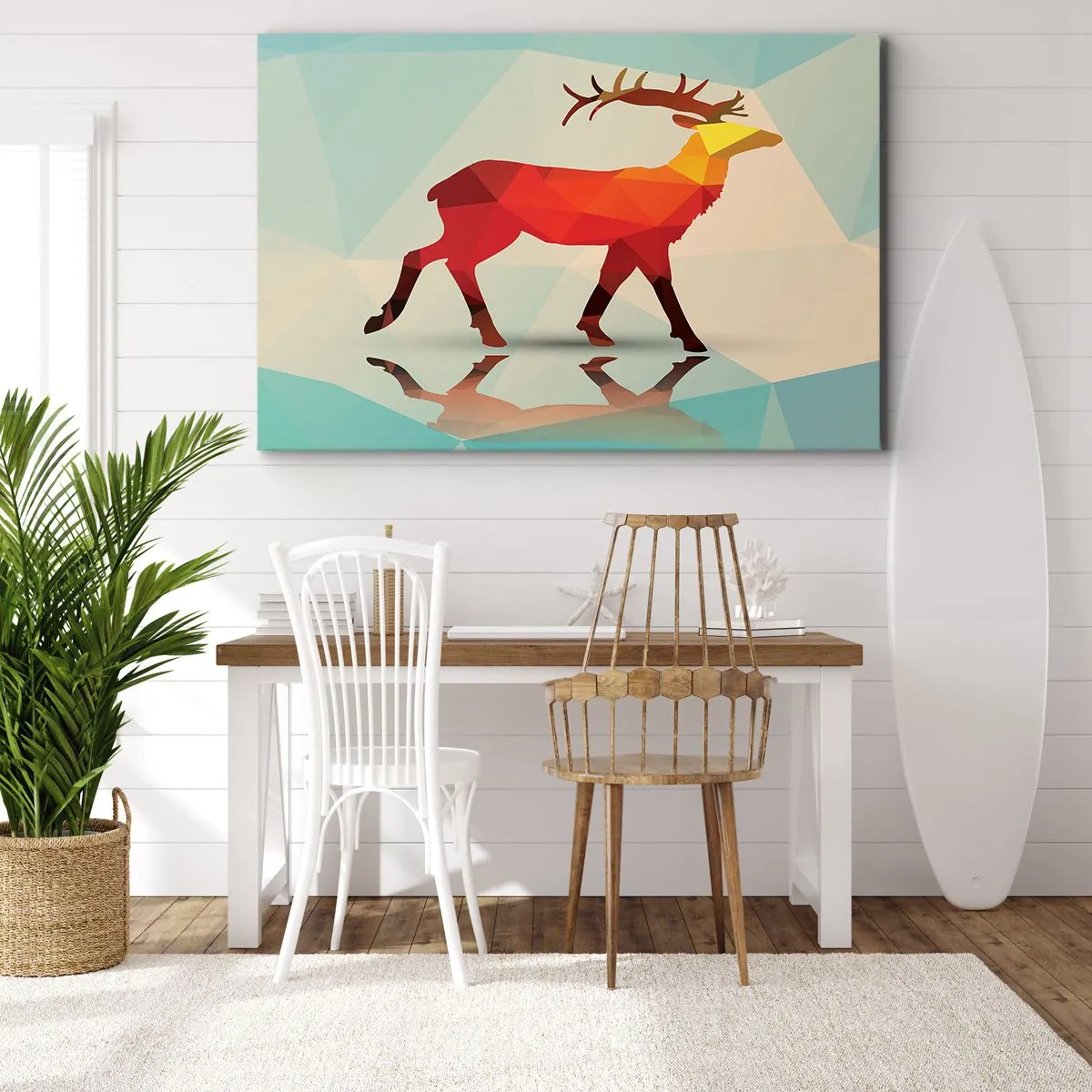 Obraz na plátně - Geometrická silueta jelena v odstínech červené a oranžové - 70x50cm - Geometrický jelen - Moderní nástěnná dekorace do obývacího pokoje a ložnice ARTTOR