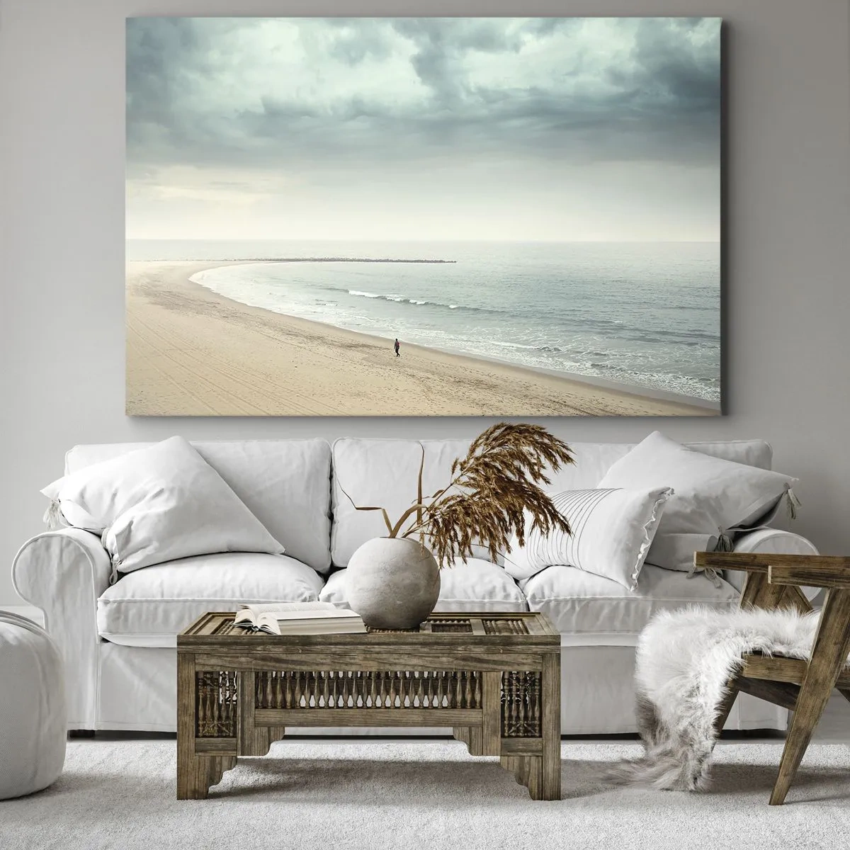 Obraz na plátně - Osamělá postava na opuštěné pláži u klidného moře - 70x50cm - Hledám klid - Moderní nástěnná dekorace do obývacího pokoje a ložnice ARTTOR