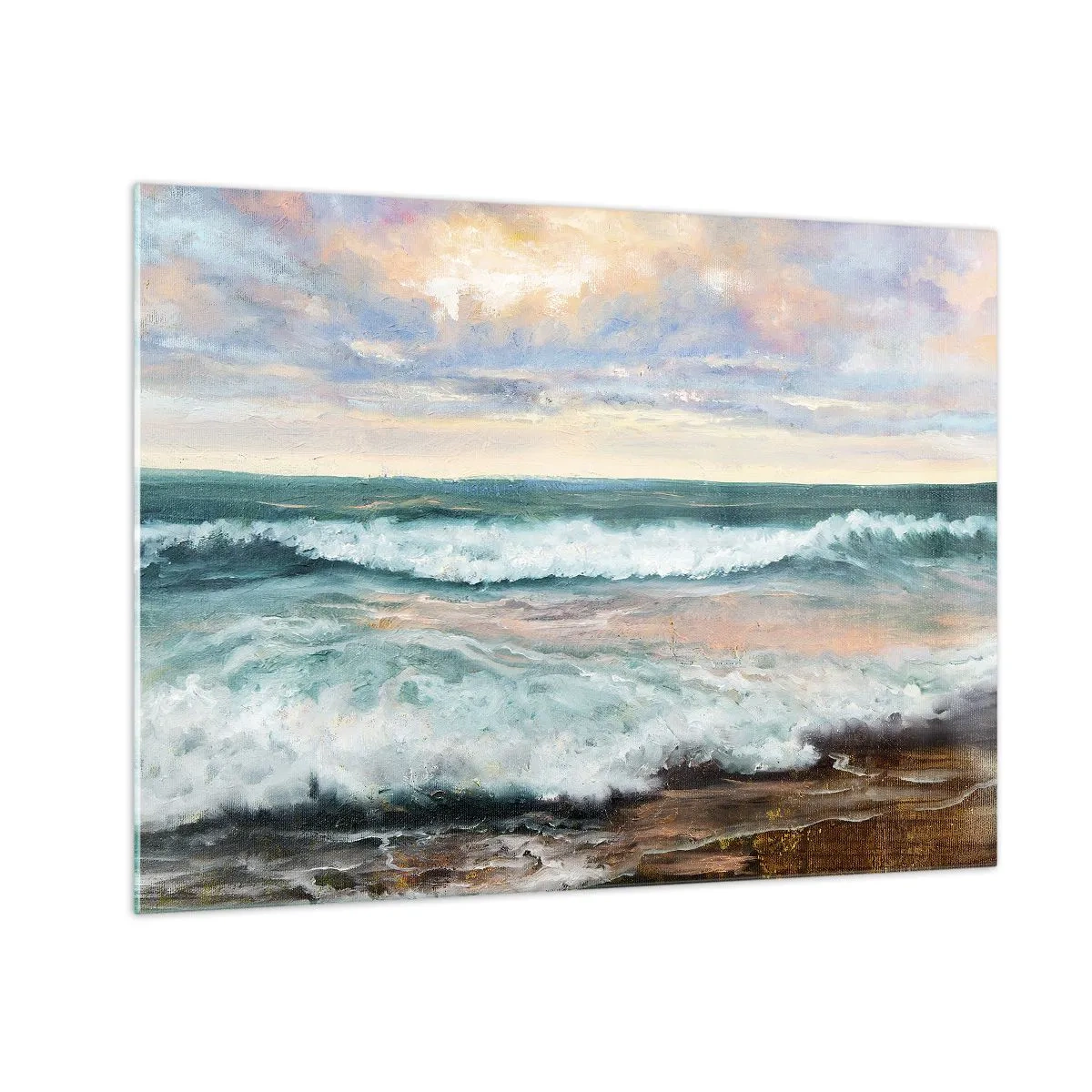 Obraz na skle - Obraz zobrazující vlny narážející na břeh - 70x50cm - Tady uhladíš duši - Moderní nástěnná dekorace do obývacího pokoje a ložnice ARTTOR
