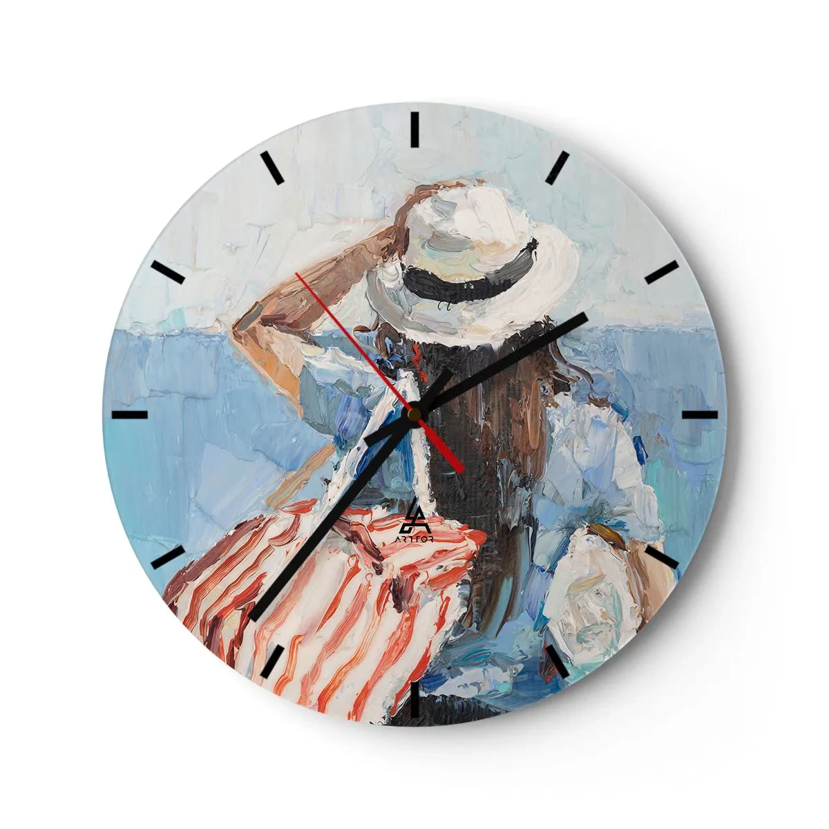 Nástěnné hodiny - Letní obraz ženy v klobouku na pozadí moře - 30x30cm - Vítej na dovolené - Moderní nástěnná dekorace do obývacího pokoje, kuchyně a ložnice ARTTOR