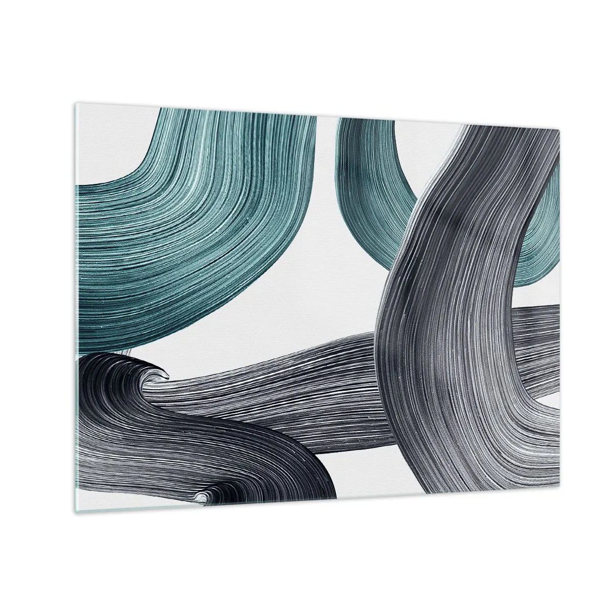 Obraz na skle - Dynamické pruhy v odstínech smaragdové a černé na bílém pozadí - 70x50cm - Smaragdové a černé vlny - Moderní nástěnná dekorace do obývacího pokoje a ložnice ARTTOR