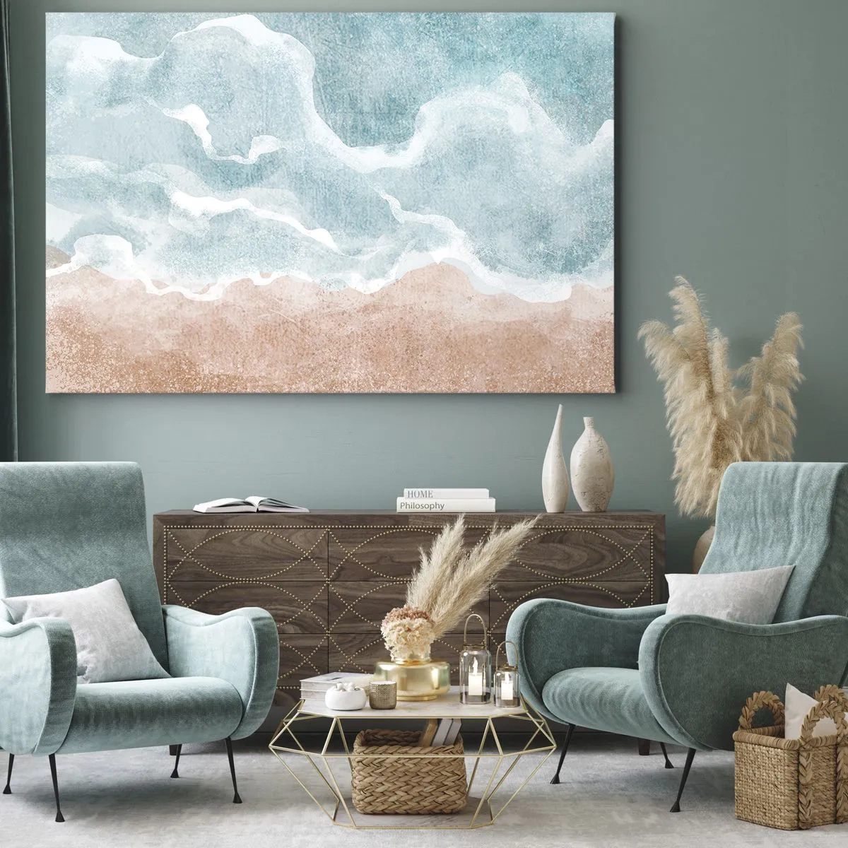 Obraz na plátně - Abstraktní pláž s vlnami v odstínech modré a béžové - 70x50cm - Abstrakce mraků - Moderní nástěnná dekorace do obývacího pokoje a ložnice ARTTOR