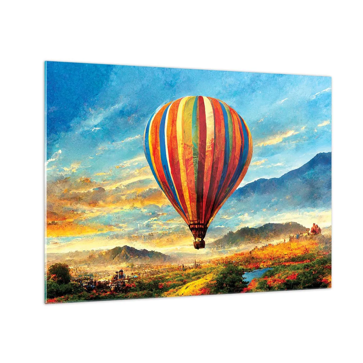 Obraz na skle - Barevný balón vznášející se nad horskou krajinou - 70x50cm - V tichu je toho vidět víc - Moderní nástěnná dekorace do obývacího pokoje a ložnice ARTTOR