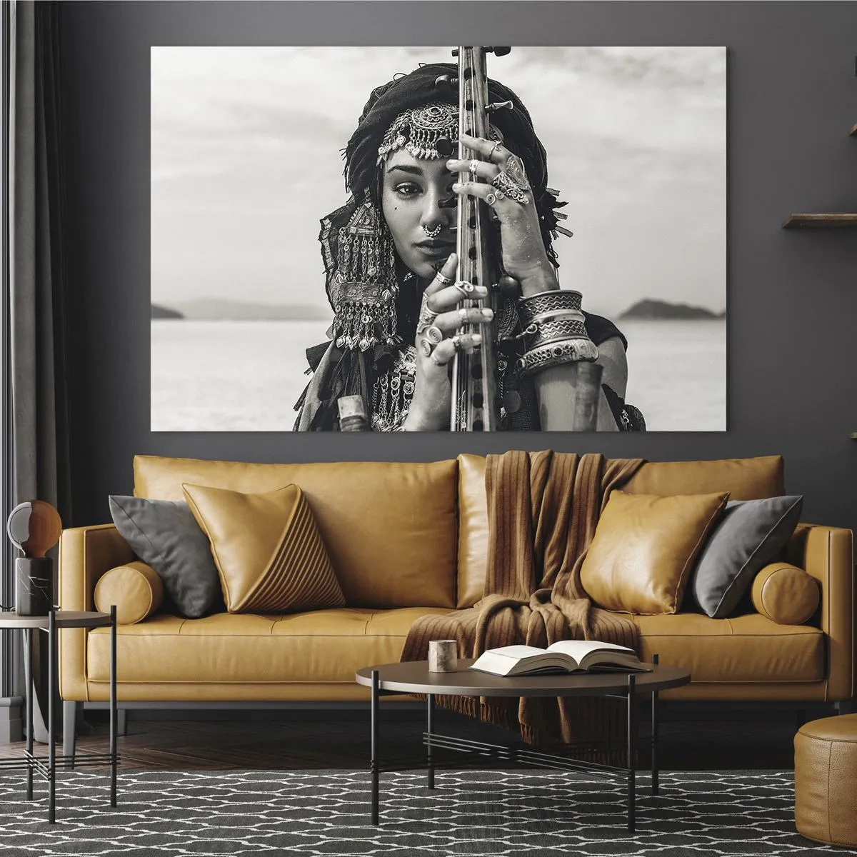 Obraz na skle - Žena v orientálních špercích s hudebním nástrojem - 70x50cm - Samotná hudba orientu - Moderní nástěnná dekorace do obývacího pokoje a ložnice ARTTOR