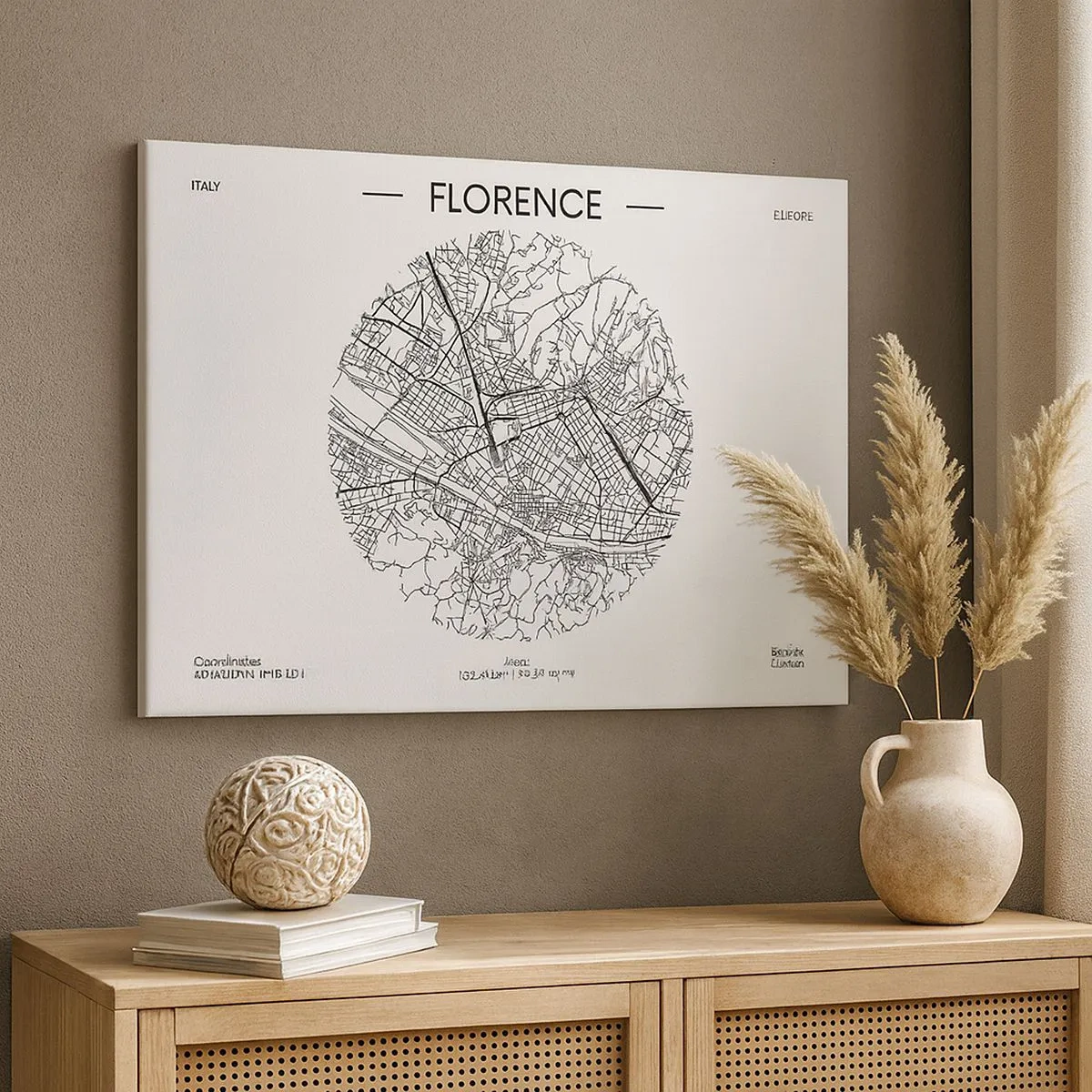 Obraz na plátně - Mapa Florencie v minimalistickém černobílém stylu - 70x50cm - Anatomie Florencie - Moderní nástěnná dekorace do obývacího pokoje a ložnice ARTTOR