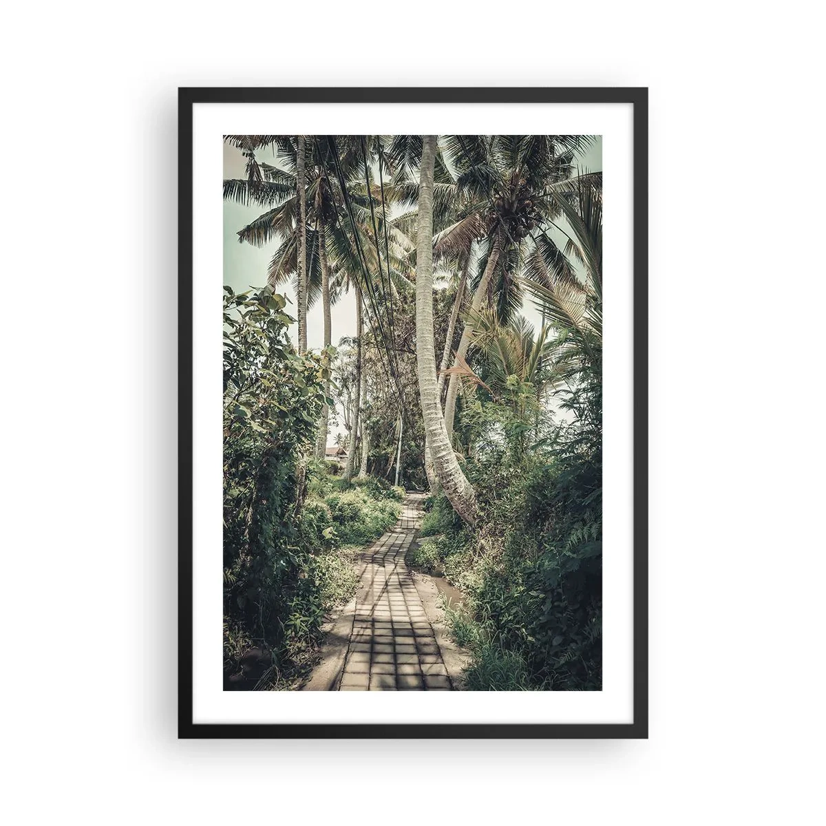 Plakát v černém rámu - Exotická cesta mezi palmami v tropické krajině - 50x70cm - Palmová alej - Moderní nástěnná dekorace do obývacího pokoje a ložnice ARTTOR