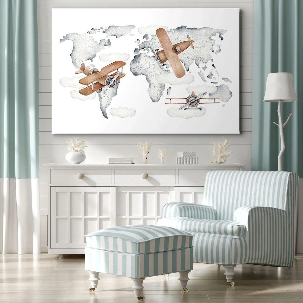 Obraz na plátně - Ilustrace mapy světa s letadly - 70x50cm - V průkopnickém duchu - Moderní nástěnná dekorace do obývacího pokoje a ložnice ARTTOR