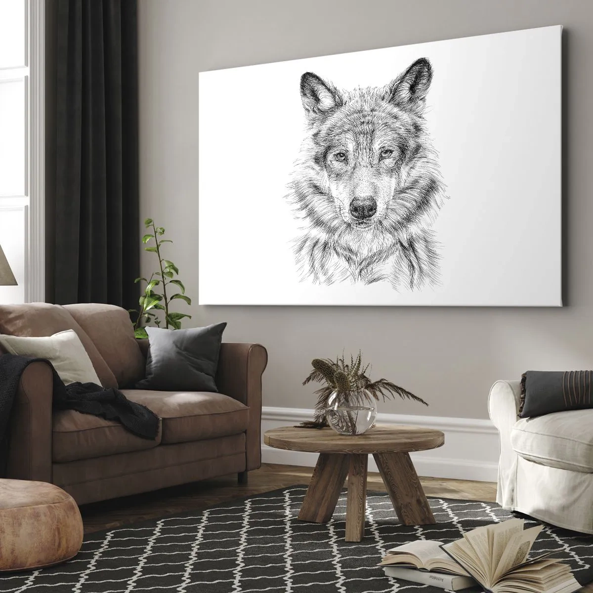 Obraz na plátně - Náčrt vlčí hlavy v monochromatickém stylu na bílém pozadí - 70x50cm - Rozený vůdce - Moderní nástěnná dekorace do obývacího pokoje a ložnice ARTTOR