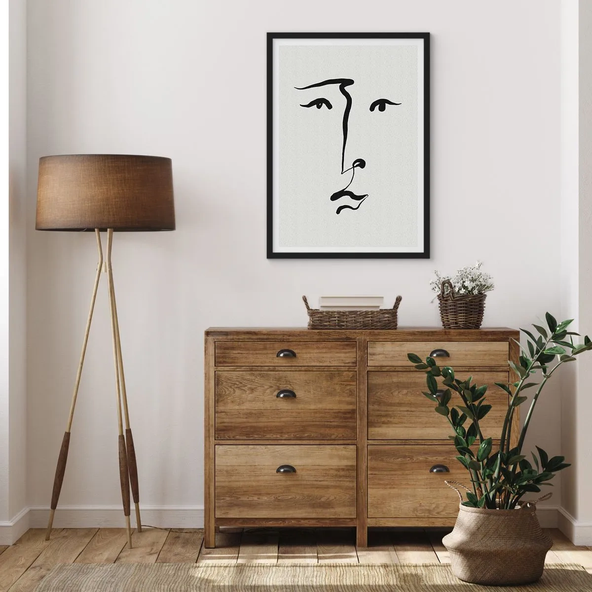 Plakát v černém rámu - Minimalistická ilustrace obličeje jedním tahem štětcem - 50x70cm - Jednoduchý portrét - Moderní nástěnná dekorace do obývacího pokoje a ložnice ARTTOR