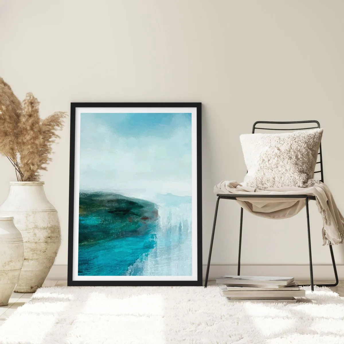 Plakát v černém rámu - Malebná krajina s útesem nad vodou v odstínech modré. - 50x70cm - Námořní abstrakce - Moderní nástěnná dekorace do obývacího pokoje a ložnice ARTTOR