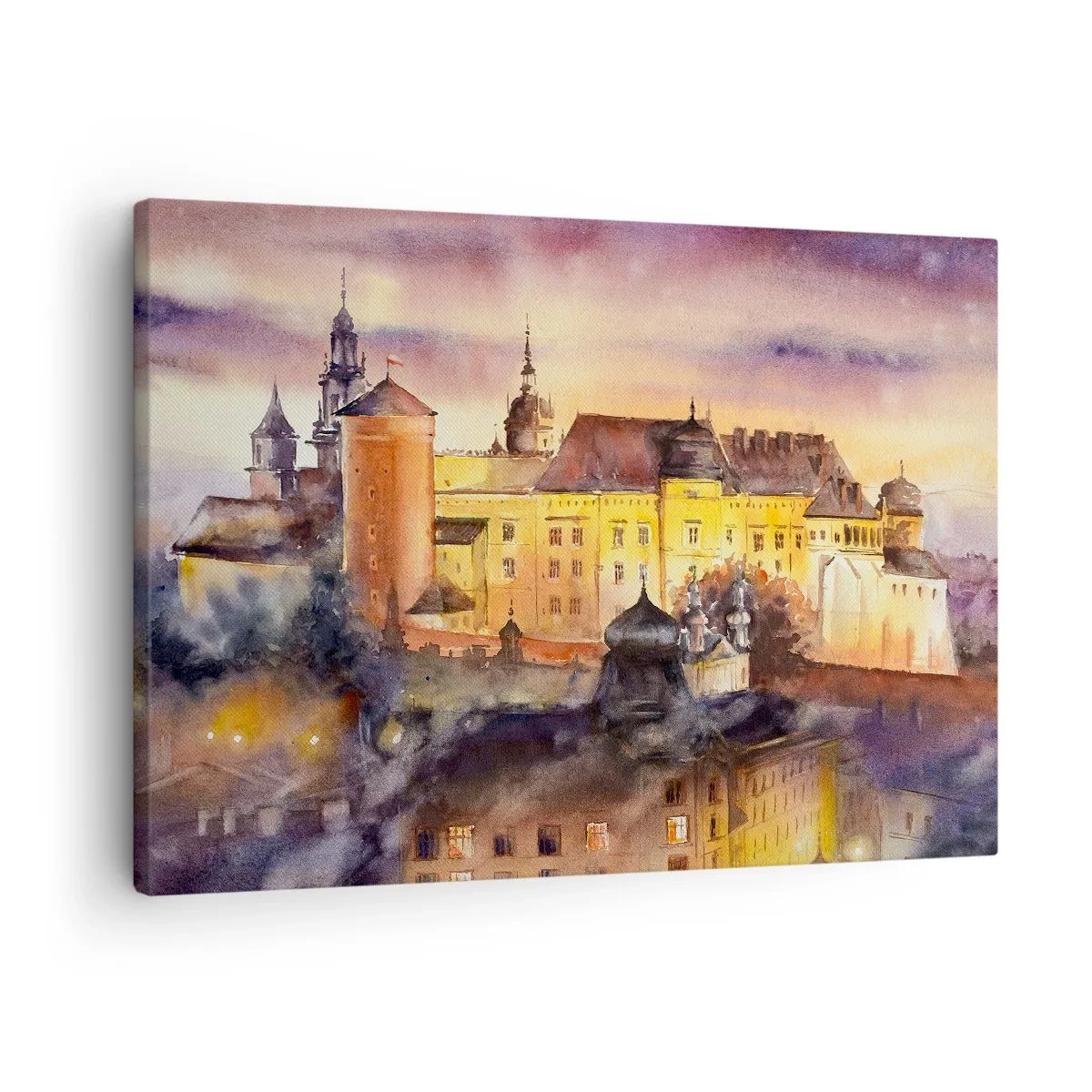 Obraz na plátně - Malebný akvarel hradu při západu slunce - 70x50cm - Historie a pohádka - Moderní nástěnná dekorace do obývacího pokoje a ložnice ARTTOR