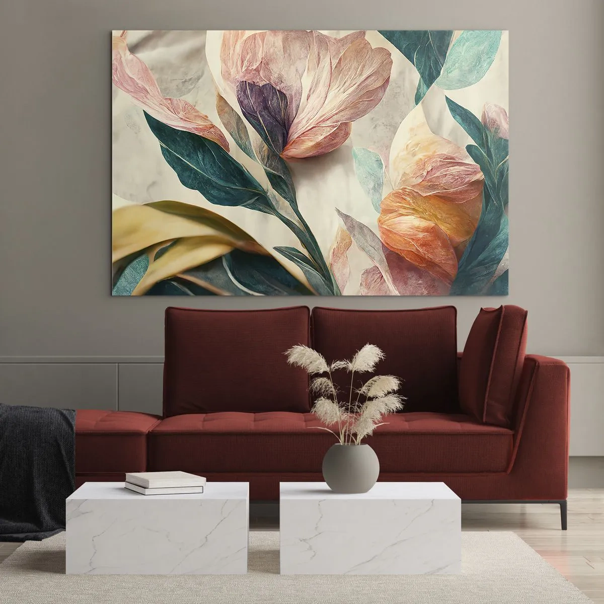 Obraz na skle - Exotické květiny a listy v pastelových barvách v botanickém stylu - 70x50cm - Květiny jižních ostrovů - Moderní nástěnná dekorace do obývacího pokoje a ložnice ARTTOR