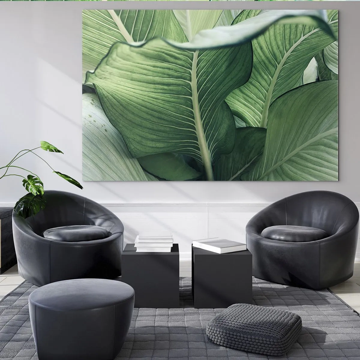 Obraz na skle - Svěží zelené listy zblízka a v přirozeném světle - 70x50cm - Intenzivně zelený život - Moderní nástěnná dekorace do obývacího pokoje a ložnice ARTTOR