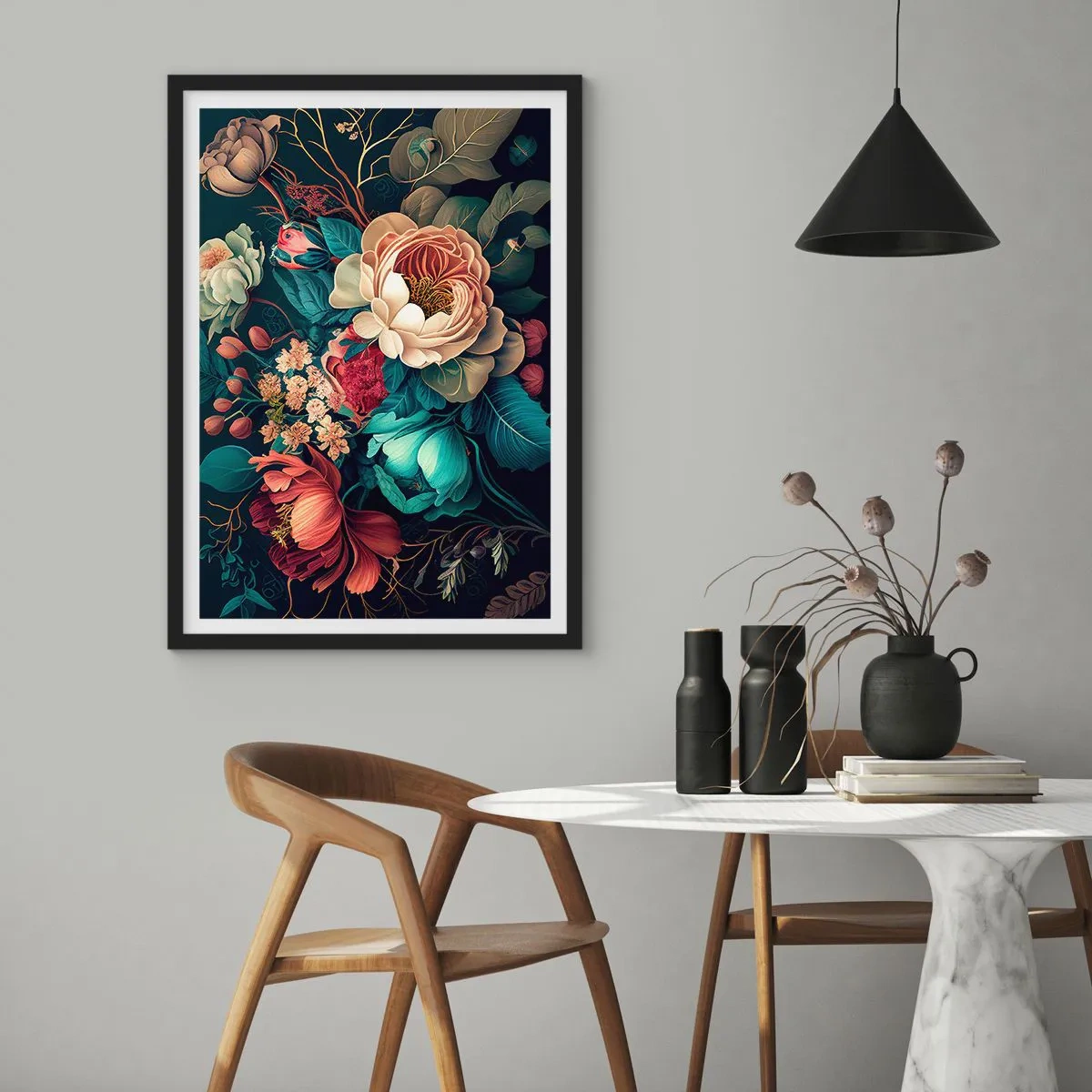Plakát v černém rámu - Kytice květin v barokním stylu na tmavém pozadí - 50x70cm - Půvab 19. století - Moderní nástěnná dekorace do obývacího pokoje a ložnice ARTTOR
