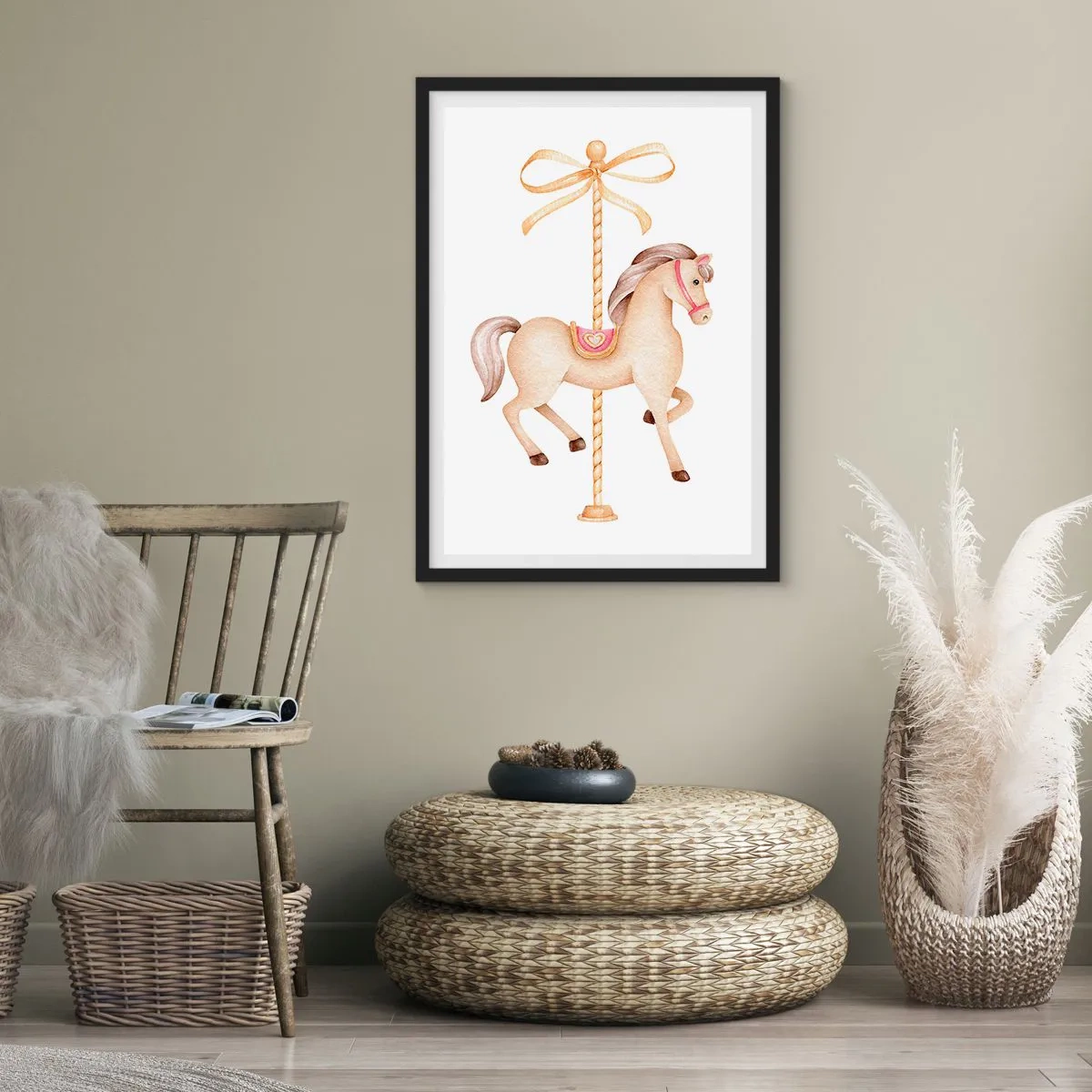 Plakát v černém rámu - Jemná ilustrace kolotočového koně v pastelových barvách - 50x70cm - Elegantním klusem - Moderní nástěnná dekorace do obývacího pokoje a ložnice ARTTOR