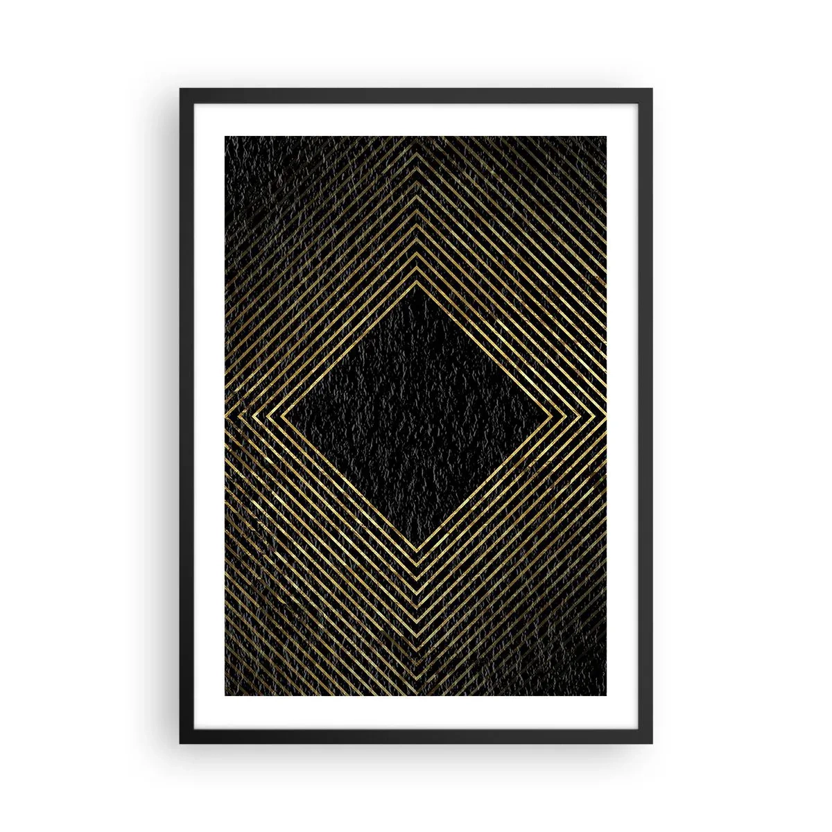 Plakát v černém rámu - Zlaté geometrické čáry na černém pozadí - 50x70cm - Geometrie ve stylu glamour - Moderní nástěnná dekorace do obývacího pokoje a ložnice ARTTOR