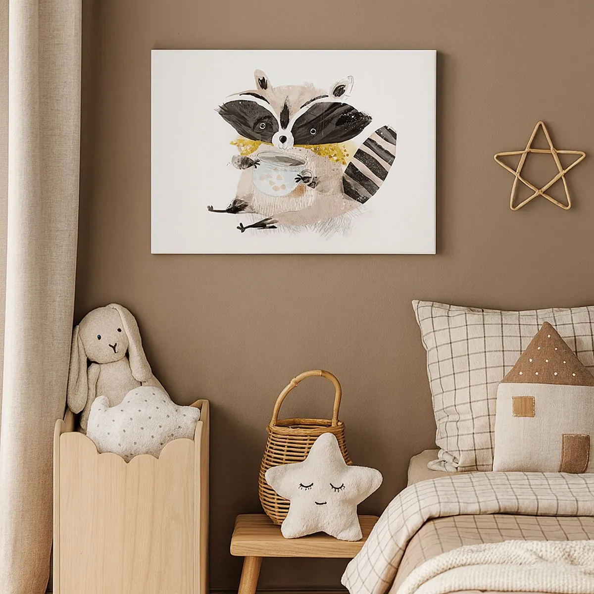 Obraz na plátně - Rozkošný mýval držící pastelově zbarvený hrnek - 70x50cm - Můj přítel mýval - Moderní nástěnná dekorace do obývacího pokoje a ložnice ARTTOR