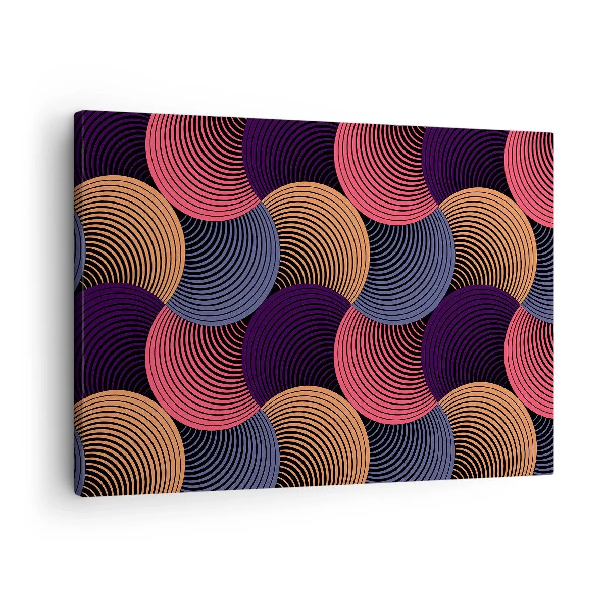 Obraz na plátně - Geometrické kruhy v odstínech růžové, fialové a zlaté - 70x50cm - V kruhovém rytmu - Moderní nástěnná dekorace do obývacího pokoje a ložnice ARTTOR
