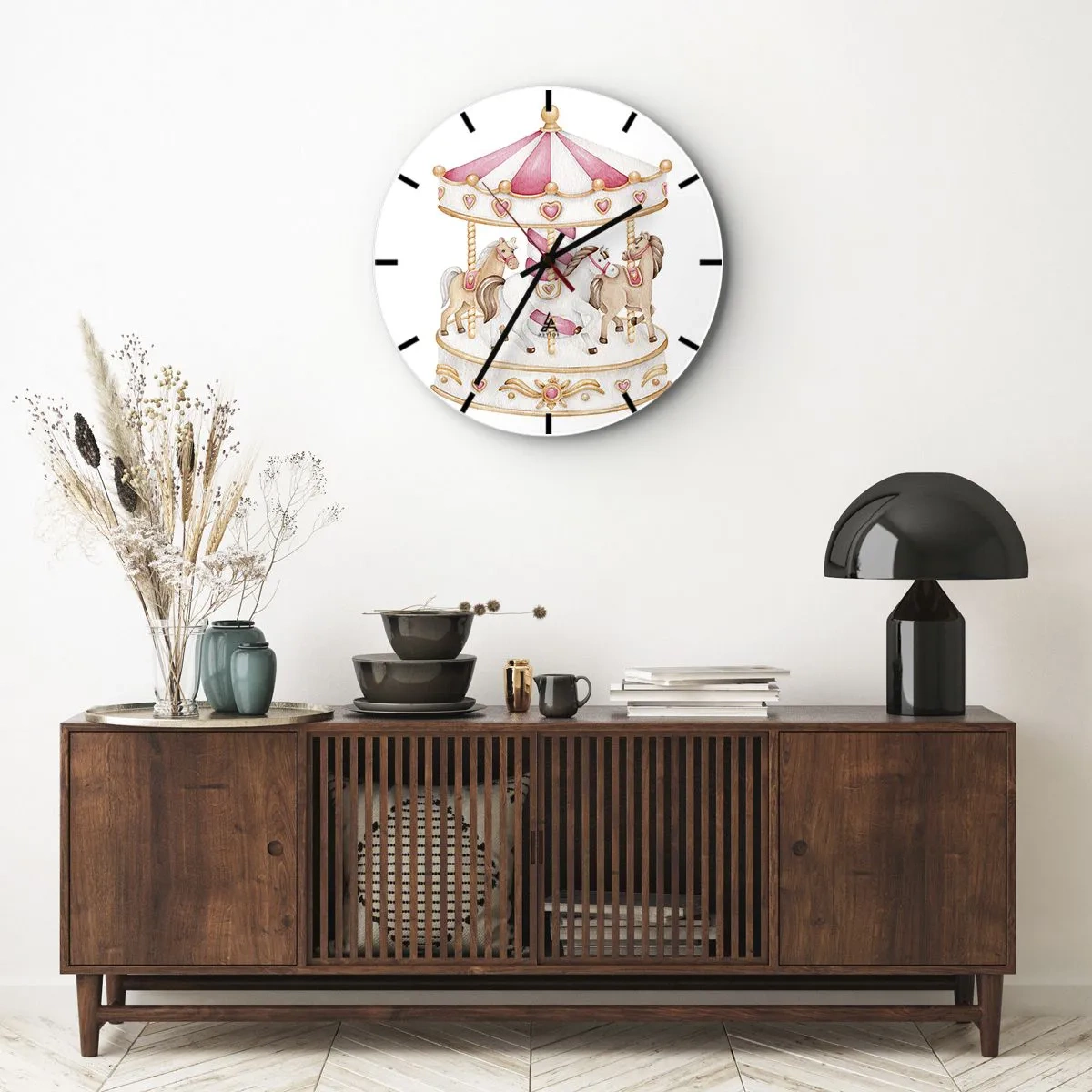 Nástěnné hodiny - Růžový a krémový kolotoč s koňmi na bílém pozadí - 30x30cm - Sladký svět dětství - Moderní nástěnná dekorace do obývacího pokoje, kuchyně a ložnice ARTTOR