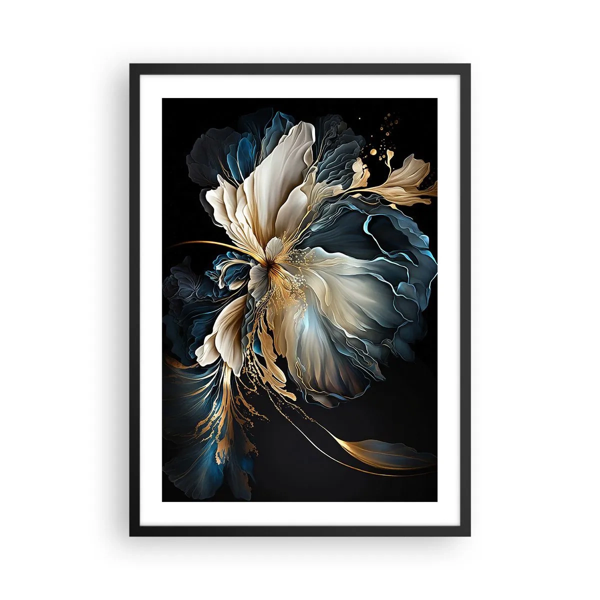 Plakát v černém rámu - Elegantní abstraktní květinové aranžmá ve zlaté a tmavě modré barvě. - 50x70cm - Pohádkový květ kapradí - Moderní nástěnná dekorace do obývacího pokoje a ložnice ARTTOR