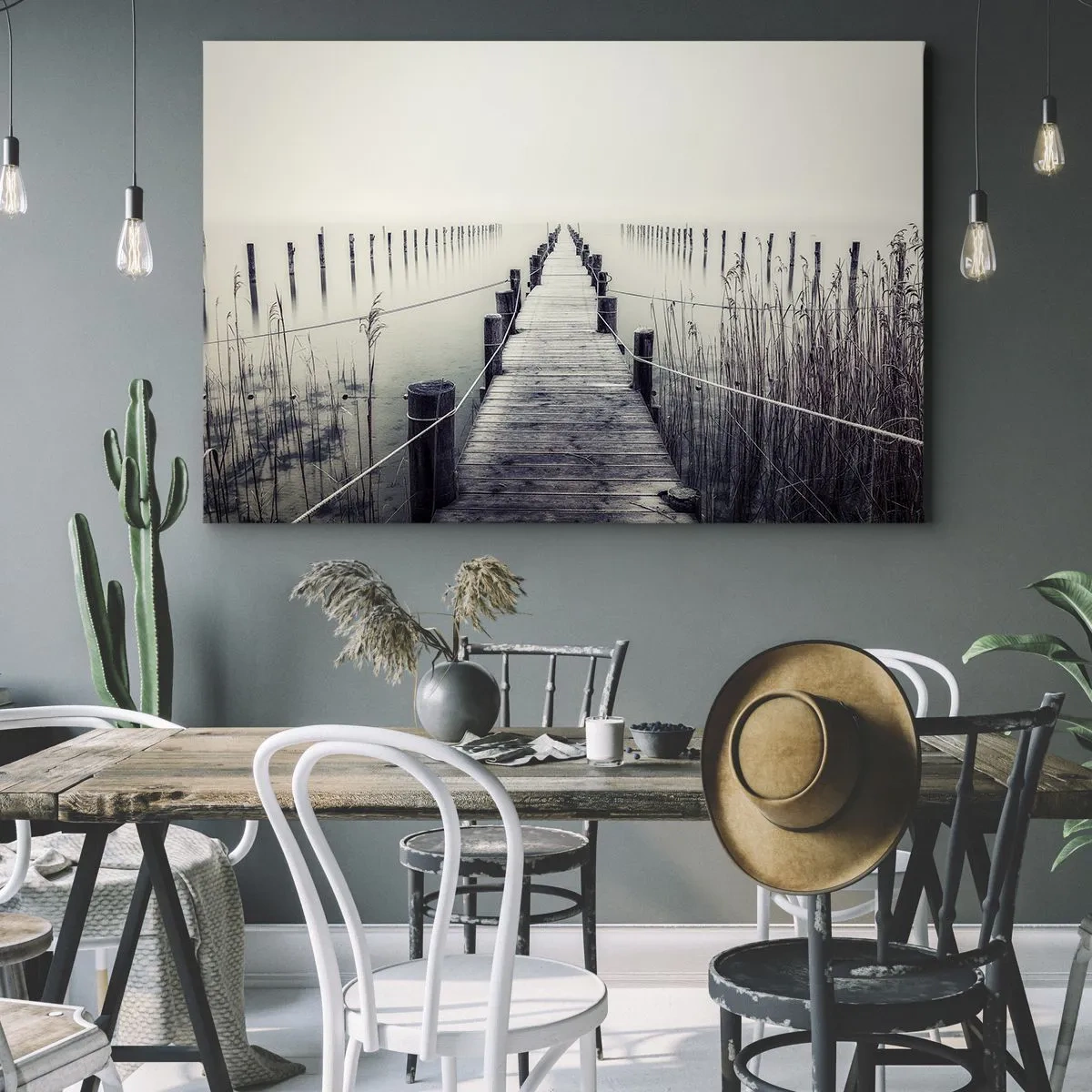 Obraz na plátně - Dřevěný most vedoucí do mlhavého prostoru - 70x50cm - Ponoř se do klidu - Moderní nástěnná dekorace do obývacího pokoje a ložnice ARTTOR