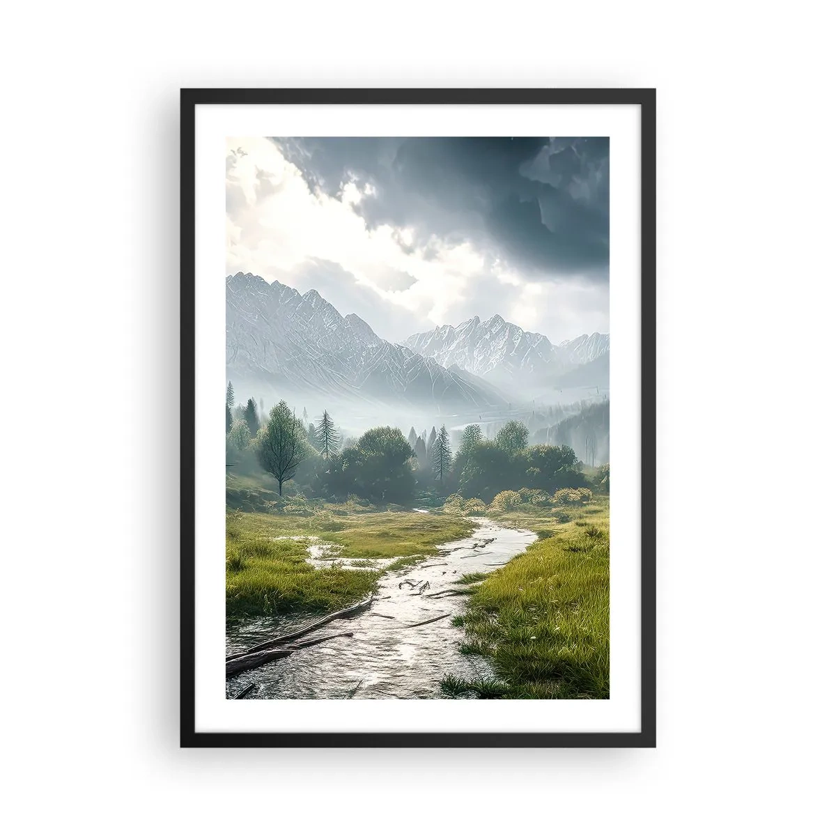 Plakát v černém rámu - Horské údolí s řekou a majestátními horami v pozadí - 50x70cm - Tam a zpět - Moderní nástěnná dekorace do obývacího pokoje a ložnice ARTTOR