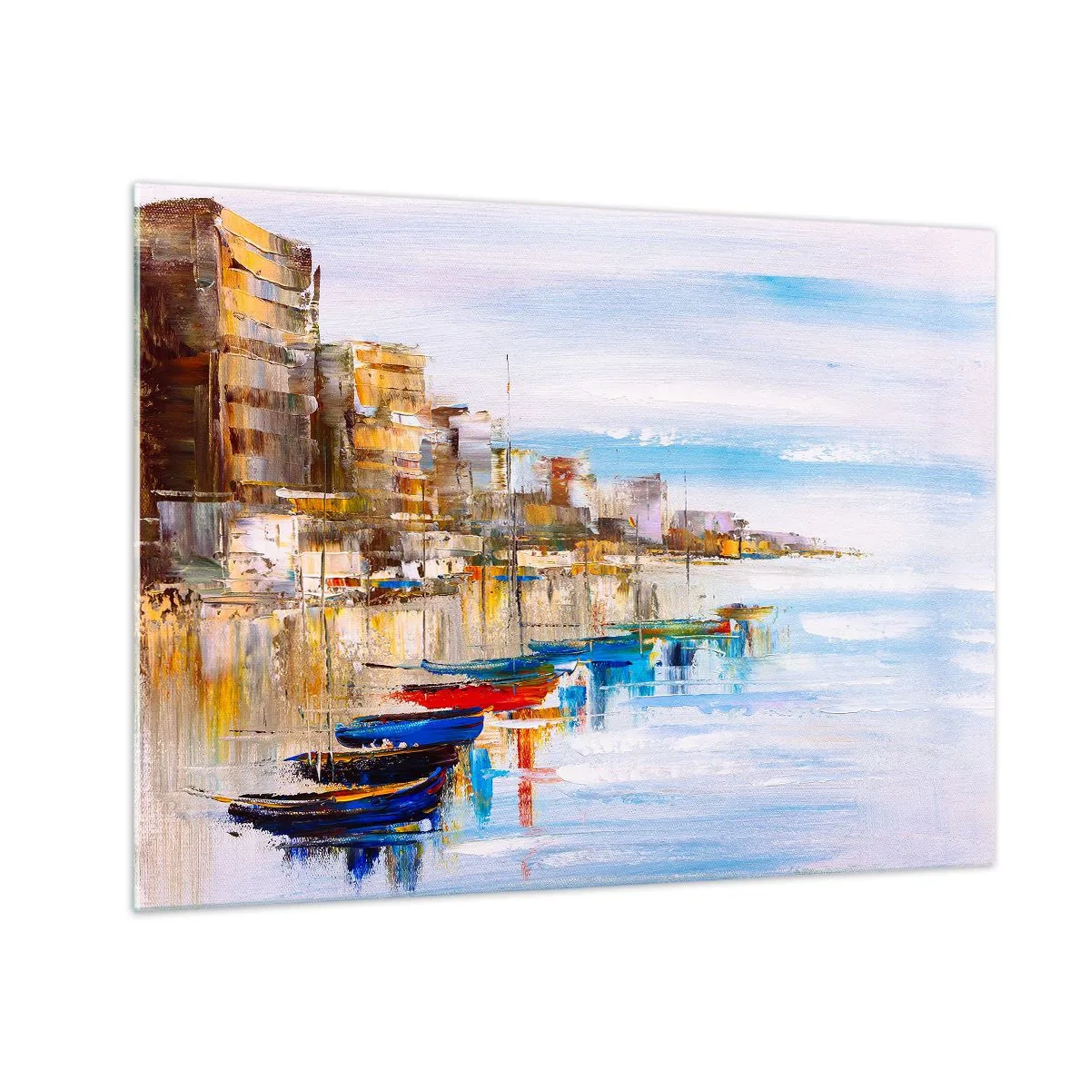 Obraz na skle - Barevné lodě kotvící na městském nábřeží - 70x50cm - Vícebarevný městský přístav - Moderní nástěnná dekorace do obývacího pokoje a ložnice ARTTOR