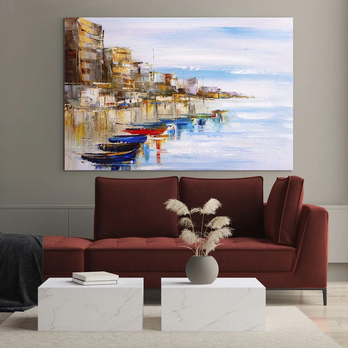 Obraz na skle - Barevné lodě kotvící na městském nábřeží - 70x50cm - Vícebarevný městský přístav - Moderní nástěnná dekorace do obývacího pokoje a ložnice ARTTOR