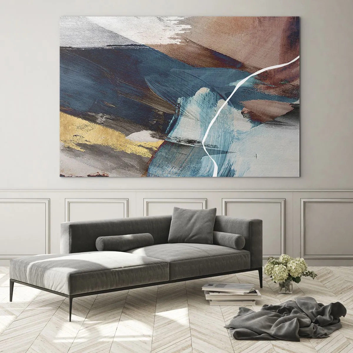 Obraz na skle - Abstraktní kompozice v tyrkysové, zlaté a hnědé barvě. - 70x50cm - Na plno a s energií - Moderní nástěnná dekorace do obývacího pokoje a ložnice ARTTOR