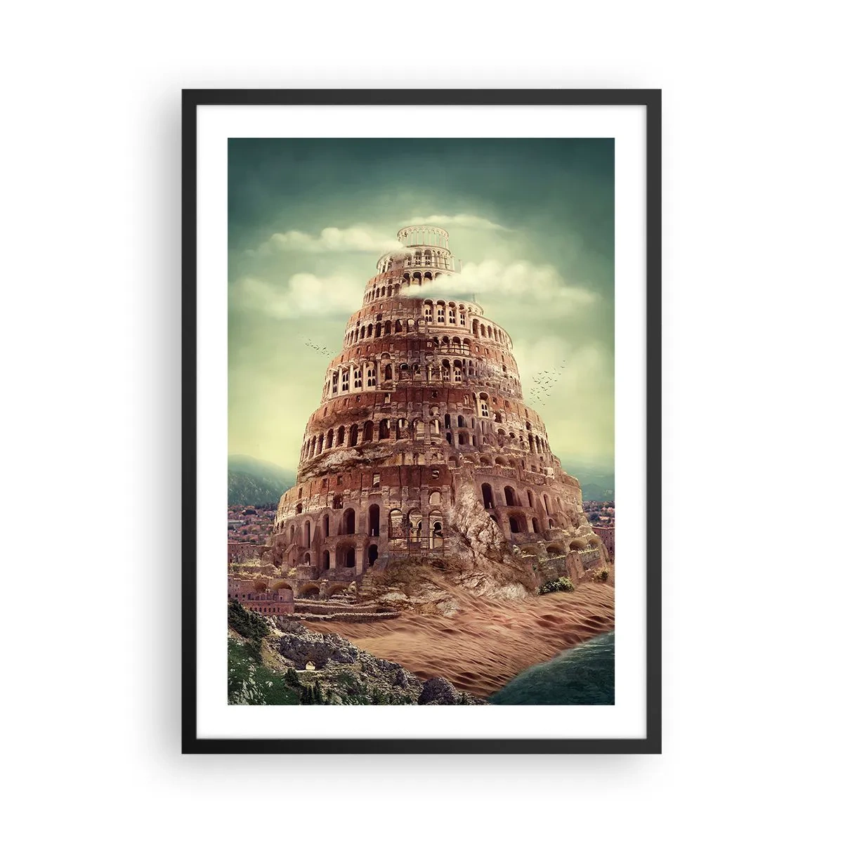 Plakát v černém rámu - Mýtická Babylonská věž v malebné krajině - 50x70cm - Babylonská věž - Moderní nástěnná dekorace do obývacího pokoje a ložnice ARTTOR