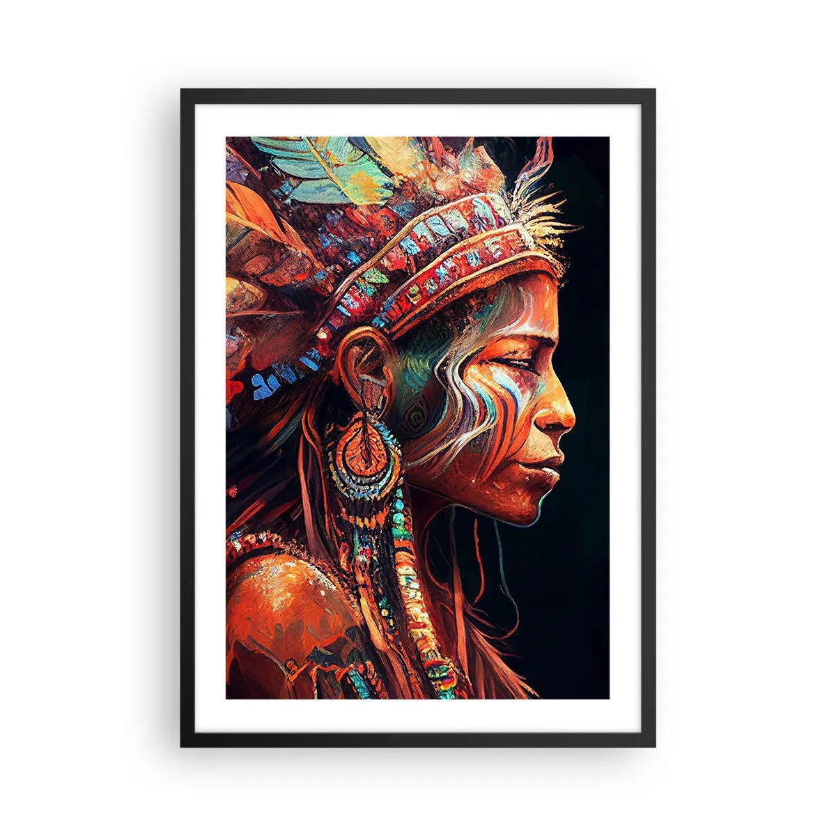 Plakát v černém rámu - Portrét ženy v tradiční péřové čelence - 50x70cm - Magický rituál - Moderní nástěnná dekorace do obývacího pokoje a ložnice ARTTOR