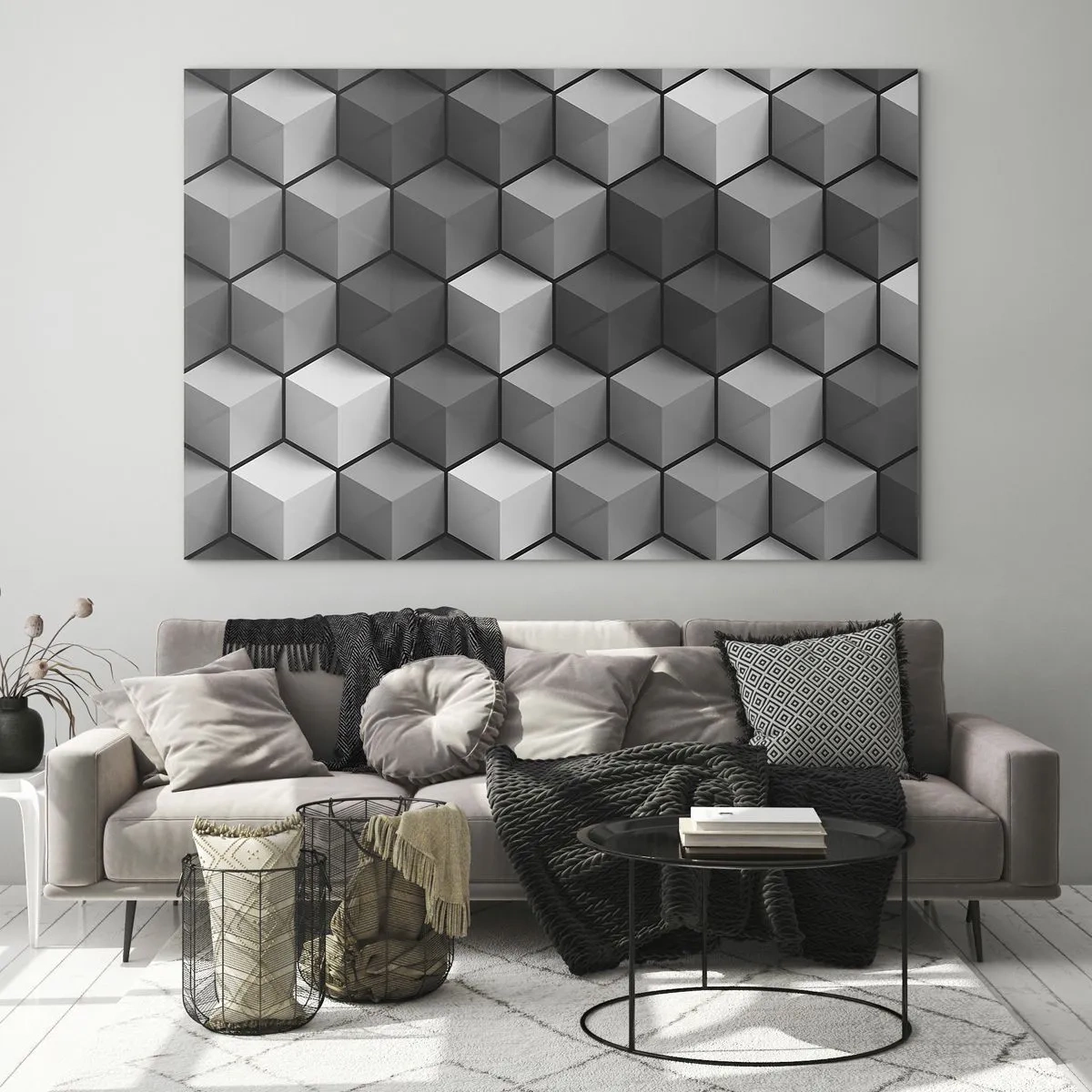 Obraz na skle - Geometrické kostky v odstínech šedé - 70x50cm - Kubistické puzzle - Moderní nástěnná dekorace do obývacího pokoje a ložnice ARTTOR
