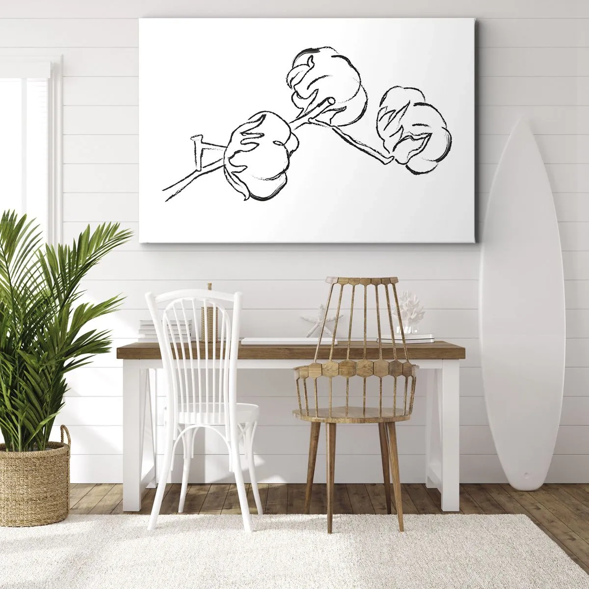Obraz na plátně - Jemný obrys bavlníkové větve na bílém pozadí - 70x50cm - Bavlněné chmýří - Moderní nástěnná dekorace do obývacího pokoje a ložnice ARTTOR