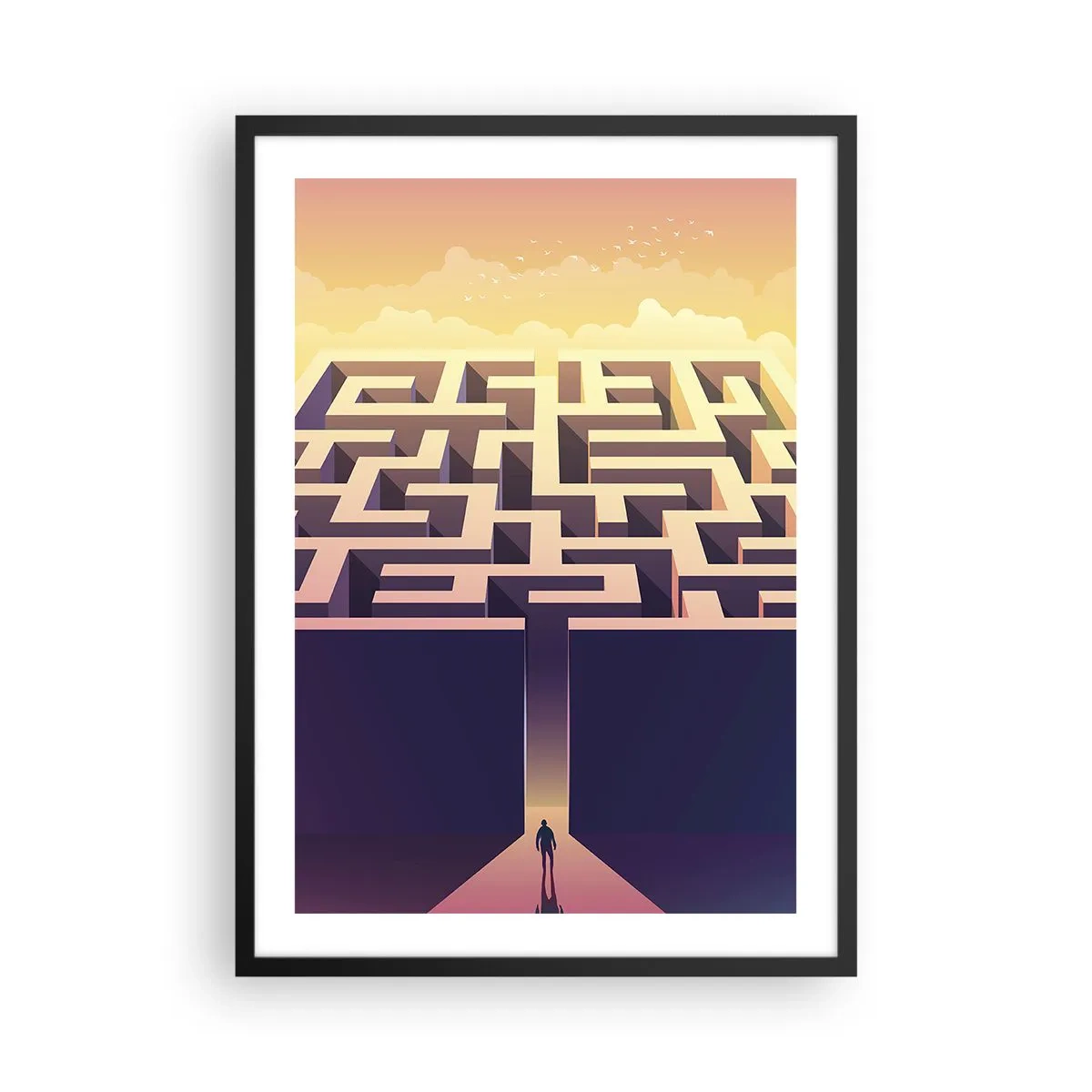 Plakát v černém rámu - Symbolický labyrint ve zlatém světle - 50x70cm - Čas rozhodnutí - Moderní nástěnná dekorace do obývacího pokoje a ložnice ARTTOR