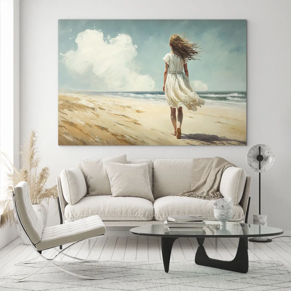Obraz na skle - Žena v bílých šatech kráčí bosá po slunné pláži - 70x50cm - Směrem k slunci a větru - Moderní nástěnná dekorace do obývacího pokoje a ložnice ARTTOR