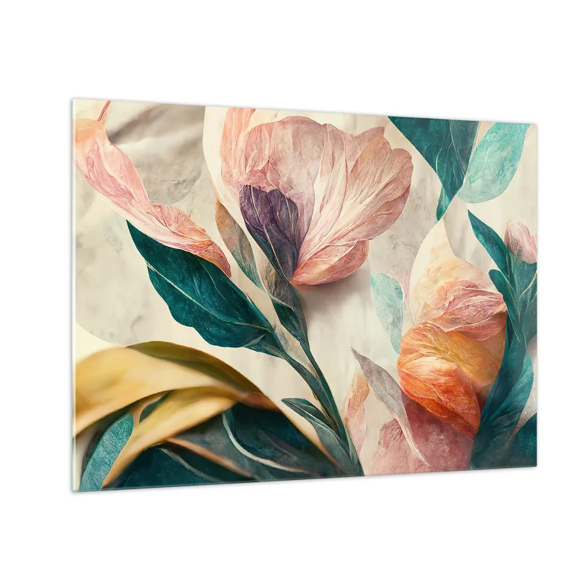 Obraz na skle - Exotické květiny a listy v pastelových barvách v botanickém stylu - 70x50cm - Květiny jižních ostrovů - Moderní nástěnná dekorace do obývacího pokoje a ložnice ARTTOR