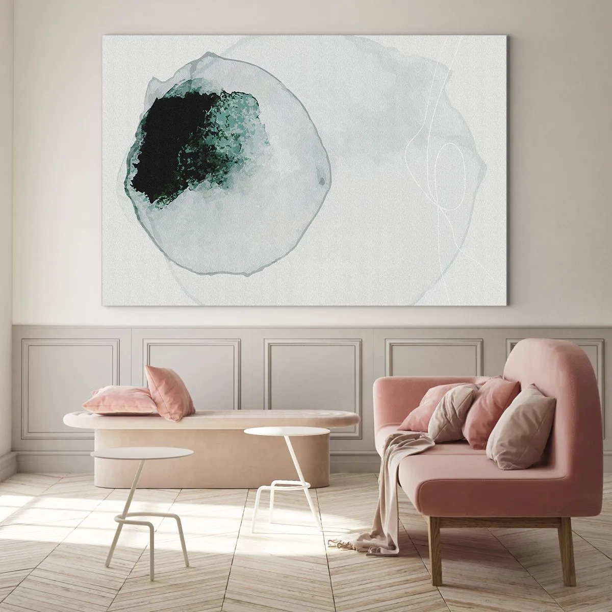 Obraz na skle - Abstraktní tvar připomínající kapku vody v odstínech zelené. - 70x50cm - V kapce vody - Moderní nástěnná dekorace do obývacího pokoje a ložnice ARTTOR