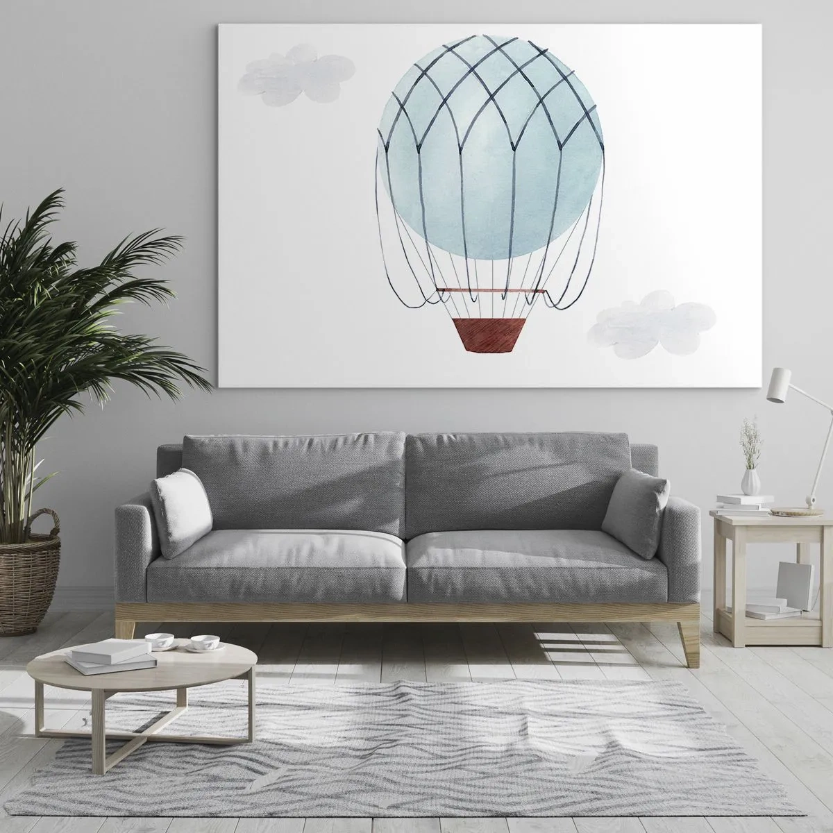 Obraz na skle - Modrý horkovzdušný balón v oblacích - 70x50cm - Celý v oblacích - Moderní nástěnná dekorace do obývacího pokoje a ložnice ARTTOR